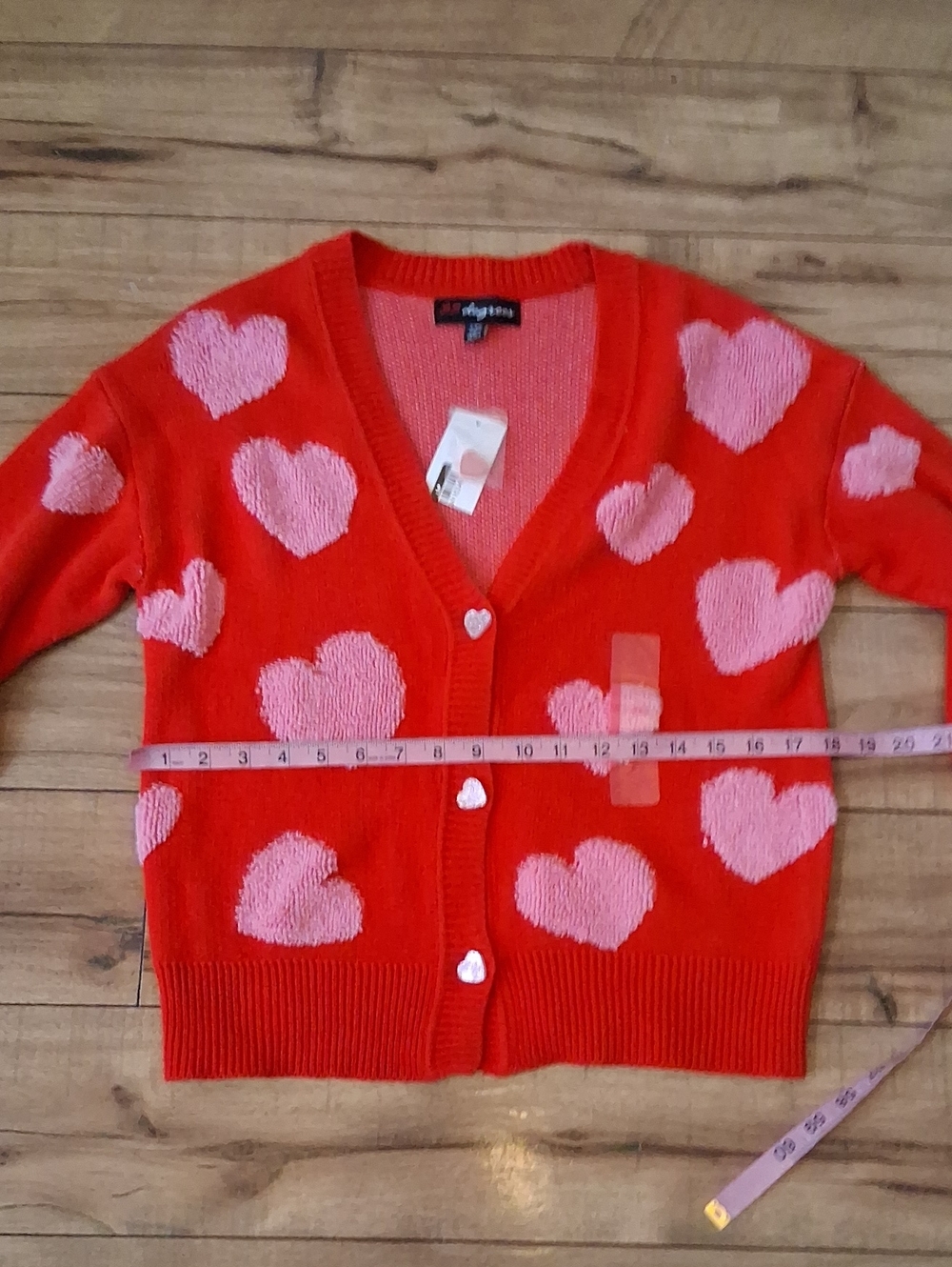New Women's Heart Print V-neck Red And Pink Oversize Knit Glam Cardigan XXS - Picture 12 of 17